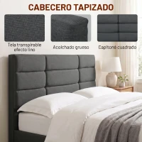 HOMCOM Cama Tapizada 140x200 cm con Cabecero Acolchado de Rejilla Almacenaje Inferior Láminas de Madera Gris(m-4)