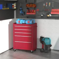 HOMCOM Carrello Porta Attrezzi 5 Cassetti con Chiave e Ruote Rosso(m-10)