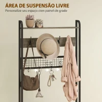 HOMCOM Bengaleiro com Sapateira 5 em 1 com Banco Painel de Grelha Armário 10 Ganchos Prateleira Superior e Estrutura em Aço Cinza(m-5)