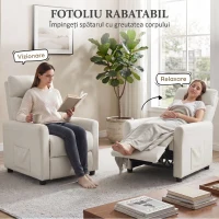 HOMCOM Fotoliu Reclinabil 135° în Material Textil cu Efect de In, Spumă, Oțel și Lemn, 73x86x100 cm, Crem(m-4)