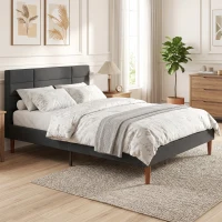 HOMCOM Cama Tapizada 140x200 cm con Cabecero Acolchado de Rejilla Almacenaje Inferior Láminas de Madera Gris(m-8)