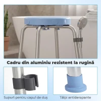 HOMCOM Taburet de Duș Rotativ, 5 Înălțimi Reglabile, Antiderapant, din Aliaj de Aluminiu, 136 kg, Albastru Deschis(m-7)