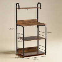 HOMCOM Küchenregal, Standregal mit 3 Ablagen, 4 Haken, Mikrowellenregal für Küche, Esszimmer, Rustikal-Braun, 60 x 40 x 125 cm(m-3)