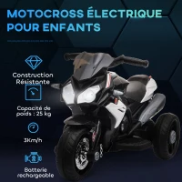 HOMCOM Moto électrique enfants 3 roues 6 V, voiture électrique enfants avec effets lumineux et sonores, vitesse 3 km/h, pour 3 à 5 ans, charge 25 kg, noir et blanc(m-5)