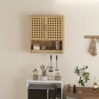 HOMCOM Dulap de perete pentru baie din bambus cu 2 uși ventilate, compartiment deschis și poliță reglabilă, lemn natural(m-5)