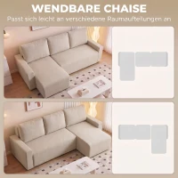 HOMCOM Hoekbank met Slaapfunctie en Omkeerbare Chaise Longue, L-vormige 3-zitsbank van Velours, Beige(m-5)