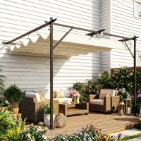 Outsunny Pérgola de Pared de Jardín 3x3 m con Techo Retráctil Protección UPF30+ Drenaje Cenador de Jardín para Exterior Crema(m-9)
