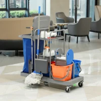 HOMCOM Căruț de curățenie cu 3 rafturi, sac pentru gunoi și storcător, 111x63.3x103 cm, gri-albastru și portocaliu(m-10)