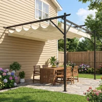 Outsunny Pérgola de Pared de Jardín 3x3 m con Techo Retráctil Protección UPF30+ Drenaje Cenador de Jardín para Exterior Crema(m-2)
