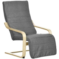 HOMCOM Fotoliu Relax cu Suport pentru Picioare, 5 Niveluri și Tetieră din Lemn de Mesteacăn și Țesătură, Gri(m-11)