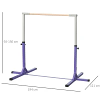 HOMCOM Bară de Gimnastică pentru Copii 3+ Ani cu Înălțime Reglabilă, Oțel și Lemn de Fag, Violet(m-3)