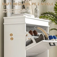 HOMCOM Dulap Modern pentru Pantofi cu 2 Sertare Rabatabile, Capacitate 10 Perechi și Raft Reglabil, 54x24x82,5 cm, Alb(m-5)