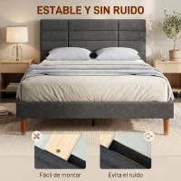 HOMCOM Cama Tapizada 140x200 cm con Cabecero Acolchado de Rejilla Almacenaje Inferior Láminas de Madera Gris(m-5)