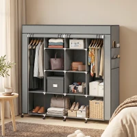HOMCOM Kleiderschrank Stoffschrank, Türen, 2 Kleiderstangen, 10 Fächer, Grau(m-2)