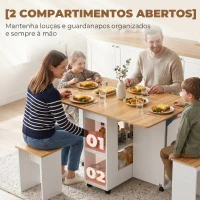 HOMCOM Conjunto de Mesa de Jantar Dobrável com 4 Bancos Ocultos, 2 Abas Rebatíveis, Rodas e Prateleiras, Carvalho(m-6)