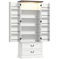 HOMCOM Buffet haut cuisine, armoire de cuisine, LED à capteur, 2 portes, tiroirs et étagères réglables, 76x39,5x183cm, blanc(m-1)