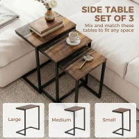 HOMCOM Conjunto de 3 Mesas Auxiliares em Forma de C com Pés de Aço 45x30x60cm 40x28x56cm e 34x25x50cm Marrom Rústico(m-4)