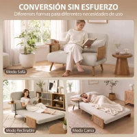 HOMCOM Sofá Cama 2 Plazas Convertible 3 en 1 Tapizado en Chenilla con Respaldo Ajustable Mesa Lateral 2 Almohadas Blanco Crema(m-4)