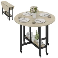HOMCOM Klaptafel, Tafel met inklapfunctie en open opbergrek, Verrijdbare keukentafel voor eetkamer, kleine ruimtes, Naturel(m-11)