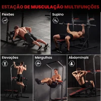 HOMCOM Estação de Musculação Dobrável com Barra de Elevações, Altura Ajustável e Banco Reclinável, Preto e Vermelho(m-4)