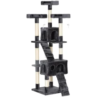 PawHut Pom pentru pisici cu 3 platforme, 2 căsuțe și jucării suspendate, din lemn și pluș, 49x49x173 cm, gri(m-23)