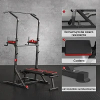 HOMCOM Estación de Musculación Plegable Altura Ajustable con Barra de Dominadas Banco Reclinable para Gimnasio Negro y Rojo(m-7)