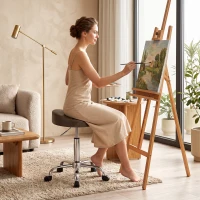 HOMCOM Tabouret à roulettes, tabouret de salon avec hauteur réglable 51-66 cm et assise rembourrée, pivotant 360°, marron(m-14)
