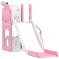 AIYAPLAY 5-in-1 Kinderrutschenset, Teleskop, Basketballkorb, HDPE, Kunststoff, Rosa+Weiß(m-11)