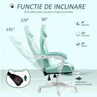 HOMCOM Scaun de Gaming Rabatabil cu Suport pentru Picioare și Perne, din Piele Ecologică și Spumă, 65x62x116-124 cm, Alb și Albastru(m-6)
