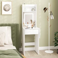 HOMCOM Compacter Make-uptafel met Spiegel en LED-verlichting, opklapbaar tafelblad, open planken, lade, MDF, Wit(m-9)