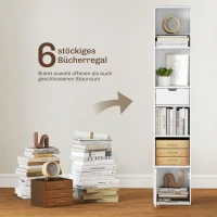 HOMCOM Bücherregal mit 6 Ebenen, 3-stufig verstellbar, mit Schublade, Schranktür, anpassbares Regal, Ausstellungsregal, Weiß(m-4)
