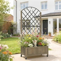 Outsunny Raised Garden Bed with Metal Trellis, Wooden Elevated Planter Box w/Lockable Wheels, Outdoor Raised Planter, Carbonised(m-10)