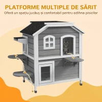 PawHut Casă pentru Pisici pe 2 Niveluri cu Acoperiș Rabatabil, Lemn de Brad, 99,5 x 76 x 91 cm, Gri(m-7)