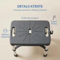 HOMCOM Scaun de Duș din Aluminiu cu Raft Integrat, Înălțime Reglabilă pe 5 Niveluri, Suport 150kg, Gri(m-7)