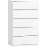 HOMCOM Comodă cu 5 Sertare din Lemn cu Mânere Incorporate, 60x38x100 cm, Alb(m-1)