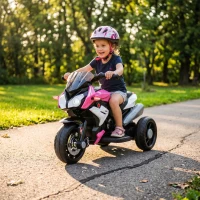HOMCOM Elektro-Kindermotorrad, Lichter & Geräusche, 3 km/h, wiederaufladbar, Kunststoff & Metall, Rosa/Weiß(m-8)