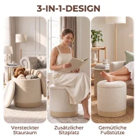HOMCOM 38 cm Rundhocker mit Sherpa-Bezug, Aufbewahrung und Holzoptik-Metallfuß, Cremeweiß(m-4)
