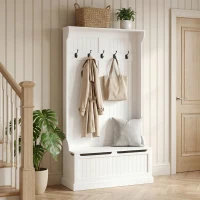 HOMCOM Cuier de Podea cu Bancă pentru Pantofi și 5 Cârlige, MDF, 96L x 34I x 179,7Î cm, Crem(m-10)