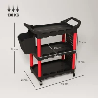 Carrinho de Ferramentas HOMCOM de 3 Níveis com Painéis Perfurados, Ganchos, Balde de Arrumação e Rodas, Preto e Vermelho(m-3)