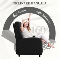 HOMCOM Fotoliu Relax Rabatabil Manual 160° cu Suport pentru Picioare, Fotoliu Ergonomic Tapițat cu Aspect de In pentru Dormitor, Birou, Living și Sufragerie, Negru(m-4)