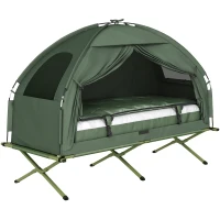 Outsunny Campingbed voor volwassenen - 4-in-1 set met tent, slaapzak, matras en waterdichte comfortabel opvouwbare, donkergroen(m-1)