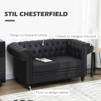 HOMCOM Canapea cu 2 Locuri Stil Chesterfield, PU, Lemn Masiv, 160 x 84 x 80 cm, Negru(m-15)