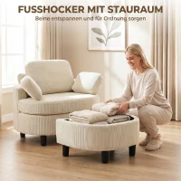 HOMCOM Fauteuil met opbergpoef, cordbekleding, omsluitende leesstoel met verstelbare hoofdsteun, brede zitting, crèmewit(m-5)