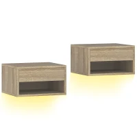 HOMCOM Set 2 Comodini Sospesi con LED RGB Integrati e Regolabili con APP, Cassetto e Ripiano, 37x32x21 cm, Color Legno(m-1)