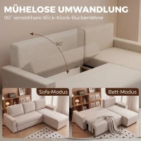 HOMCOM Ecksofa mit Schlaffunktion und umkehrbarer Chaiselongue, L-förmiges 3-Sitzer Sofa aus Veloursbezug, Beige(m-4)