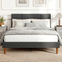 HOMCOM Cama Tapizada 140x200 cm con Cabecero Acolchado de Rejilla Almacenaje Inferior Láminas de Madera Gris(m-2)