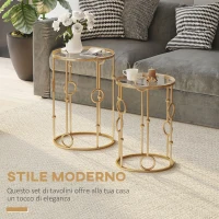 HOMCOM Set 2 Pezzi Tavolini da Caffè Design Elegante con Motivi a Cerchio, Metallo e Vetro Temperato Φ41x57cm & Φ36x51cm, Oro(m-4)