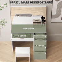 HOMCOM Set Masă de Toaletă cu Oglindă și 5 Sertare 97,2x44,5x136,5 cm și Taburet Căptușit 40x24x46 cm, Alb(m-5)