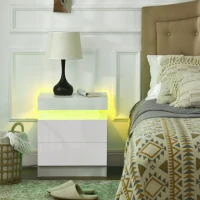 HOMCOM Noptieră cu lumină LED RGB, 2 sertare, 4 moduri de iluminare și 16 culori, din lemn, 45x35x52 cm, Alb(m-2)