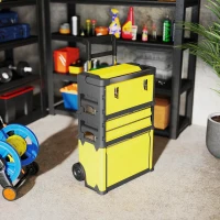 HOMCOM Lot de 3 boîtes à outils sur roulettes empilables et modulaires en acier avec plateau, poignées et serrure, jaune(m-9)